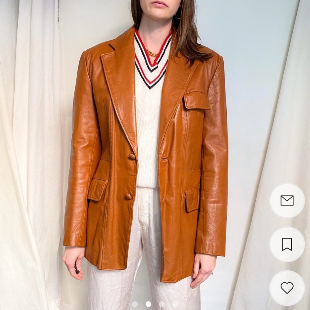 Tan Blazer Style Leather Jacket with Notched Lapel and Structured Silhouette